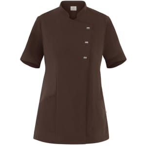 A brown tunic with short sleeves, featuring a mandarin collar and three decorative buttons, accompanied by side pockets.