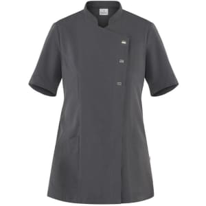 A grey tunic with short sleeves, featuring a unique collar and buttons. It has pockets and a branding logo.