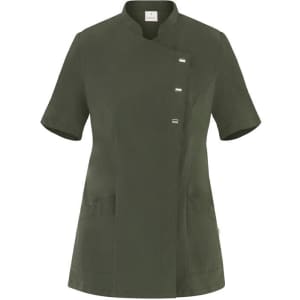 A green tunic with short sleeves, featuring a button detail and pockets, designed for uniforms.