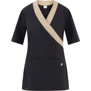 A black and tan tunic with short sleeves and a front pocket, featuring a logo on the side.
