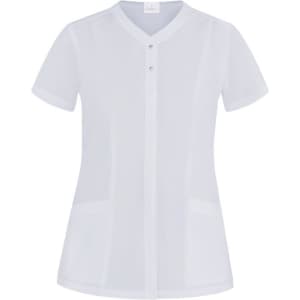 A white tunic with short sleeves, a button-up front, and two side pockets, featuring a logo.