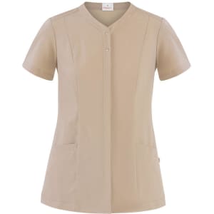 A light beige tunic with a short sleeve, featuring a buttoned neck and two front pockets. It has a logo.