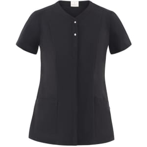 A black tunic with a round neckline, short sleeves, and two front pockets, featuring a button closure.