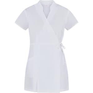 A white Paola Kimono with short sleeves and a tie waist, designed for salon and spa uniforms.