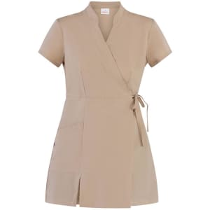 A short-sleeved, beige kimono-style uniform with a tie waist and front pocket, designed for salon and spa use.