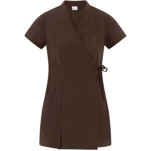 A brown kimono-style uniform with short sleeves and a wrap design, featuring a tie at the waist and front pockets.