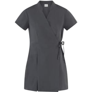 A grey wrap-style kimono with short sleeves and tie detail, featuring pockets in the front. It has a logo.