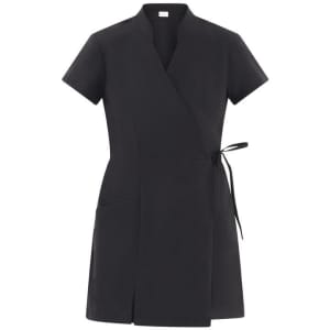 A black salon kimono with short sleeves, a wrap design, and a tie belt, featuring side pockets and a branding logo.