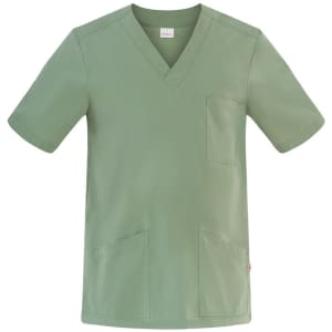 A light green Flavio Tunic, featuring short sleeves and a V-neck design, with two front pockets and a chest pocket.