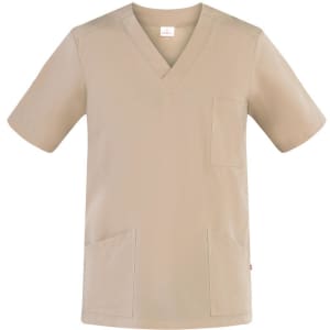 A lightweight, short-sleeved tunic in a neutral beige colour, featuring a V-neck and multiple pockets.