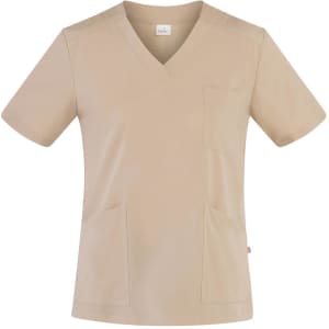 A beige Sonia Tunic with a V-neck, short sleeves, and pockets. It features a logo on the label.