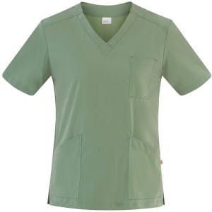 A short-sleeved tunic in a soft green colour, featuring a V-neck, front pocket, and side pockets.