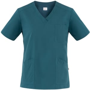 A teal tunic featuring a v-neck design, short sleeves, and multiple pockets. The tunic has a logo detail.
