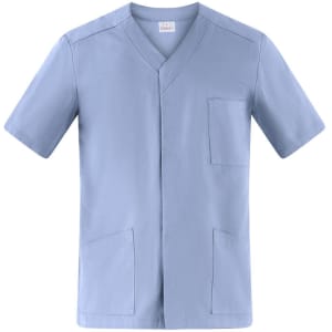 A blue tunic with short sleeves, featuring a v-neck and multiple pockets. It has a small label and branding.