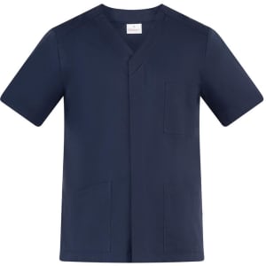 A navy blue tunic featuring a V-neck design and short sleeves, with pockets and a logo.