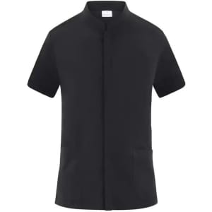 A short-sleeved black tunic featuring a round collar and two front pockets, designed as a uniform.