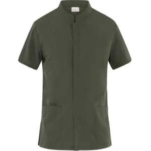 A green tunic with short sleeves and a mandarin collar, featuring two front pockets and a logo.
