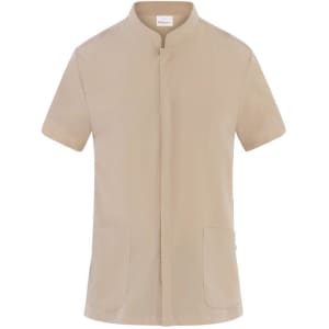 A beige Ruben Tunic with a short collar and two front pockets, featuring a logo on the label.