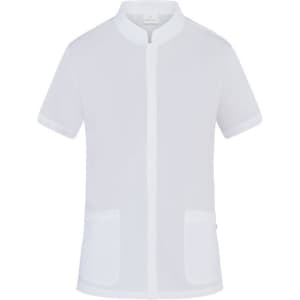 A white tunic with short sleeves and two front pockets, featuring a subtle logo.