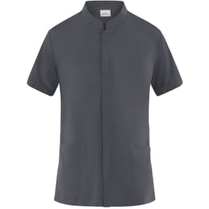 A grey tunic with short sleeves and two front pockets, featuring a logo at the neckline.