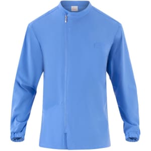 A light blue tunic with a zip front and long sleeves, featuring a chest pocket and logo.