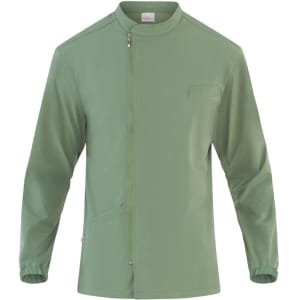 A green tunic with a zip front, featuring a chest pocket and a side pocket, designed for uniforms.