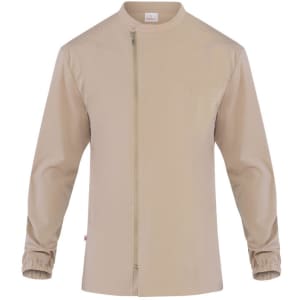 A beige tunic featuring a front zip closure and a chest pocket, designed as a uniform.