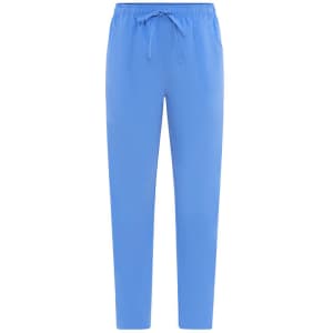 A pair of light blue pants with an elastic waistband and drawstring. Features side pockets and a relaxed fit.