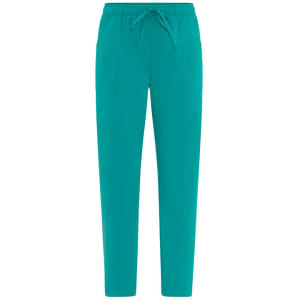 Turquoise pants with an elastic waistband and two side pockets. The design features a drawstring for adjustable fit.