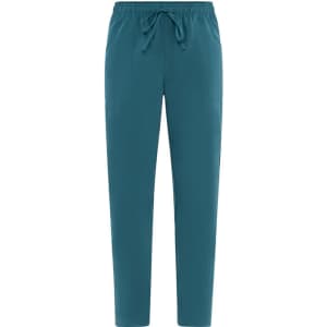 Teal pants with a drawstring waist and two side pockets, featuring a brand logo on the waistband.