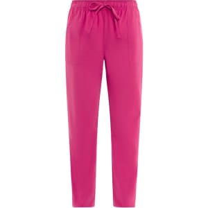 Bright pink pants featuring an elastic waistband and side pockets, with a simple branding logo present.