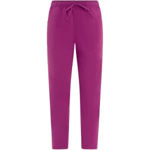 Bright pink pants featuring an elastic waistband and drawstring, with two front pockets. Includes a logo on the side.