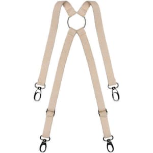 Beige apron braces with metal clasps, designed for securing aprons. Features an adjustable design.
