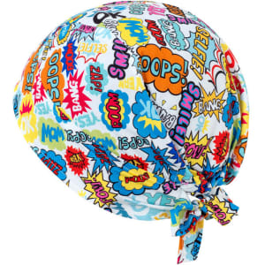 A colourful bandana featuring comic-style speech bubbles with vibrant patterns and a tied knot design.