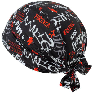 A black bandana with vibrant red and white graphics and a knot at the back, featuring various word designs.