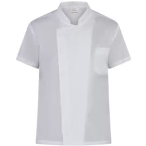 A white chef jacket with a mandarin collar, featuring a side pocket and a minimalist design. It has a logo.