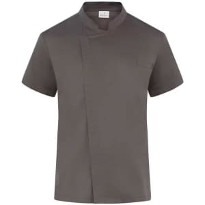A short-sleeved chef jacket in a dark grey colour, featuring a pocket and an understated design, with a branding logo.