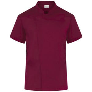 A burgundy chef jacket with a short sleeve design and a collar. It features a logo on the front.