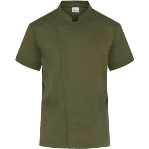 A short-sleeved chef jacket in olive green with a pocket and a logo on the collar.