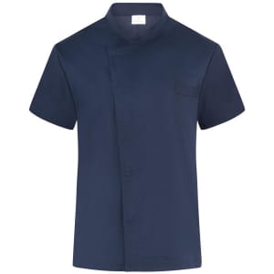 A navy blue chef jacket with a mandarin collar and short sleeves, featuring a single pocket and a logo.
