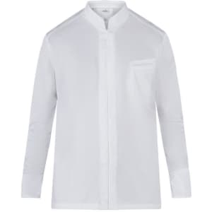A white long-sleeve shirt with a mandarin collar and a small chest pocket, features a logo on the label.