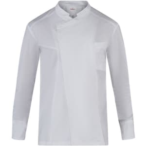 A white chef jacket with long sleeves, featuring a stylish design and a chest pocket. It has a logo on it.
