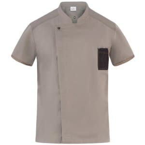 A grey short-sleeved tunic featuring a single pocket, designed for uniforms. It has a subtle logo on the chest.