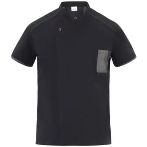 A black tunic with a short collar, featuring a front pocket and a logo on the chest.
