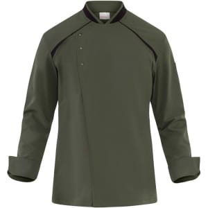 A chef's jacket in dark green with black accents, featuring a stylish collar and long sleeves.