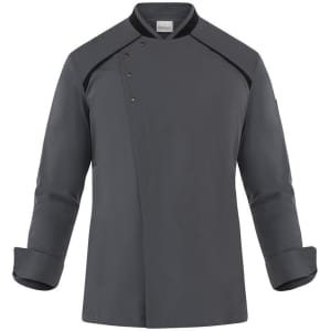 A grey chef jacket featuring a buttoned front, long sleeves, and a collar, with a branding logo on the side.