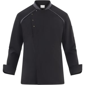 A black chef jacket featuring a modern design with a button-up front and long sleeves. It includes a logo on the sleeve.