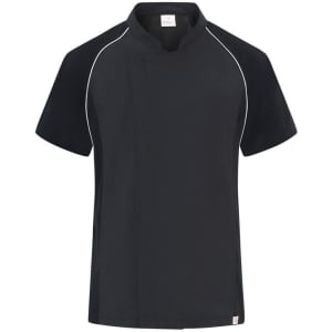 A black chef jacket featuring short sleeves and white piping, designed for professional kitchen wear.