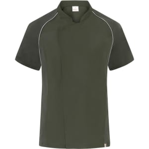 A short-sleeved chef jacket in dark green with contrasting piping, featuring a logo on the neckline.