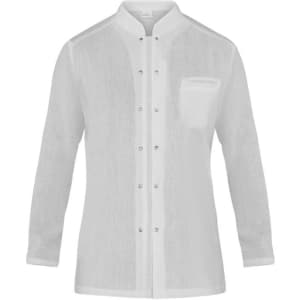 A white jacket with long sleeves, a mandarin collar, and a pocket on the left chest. It features a button-up front and a logo.